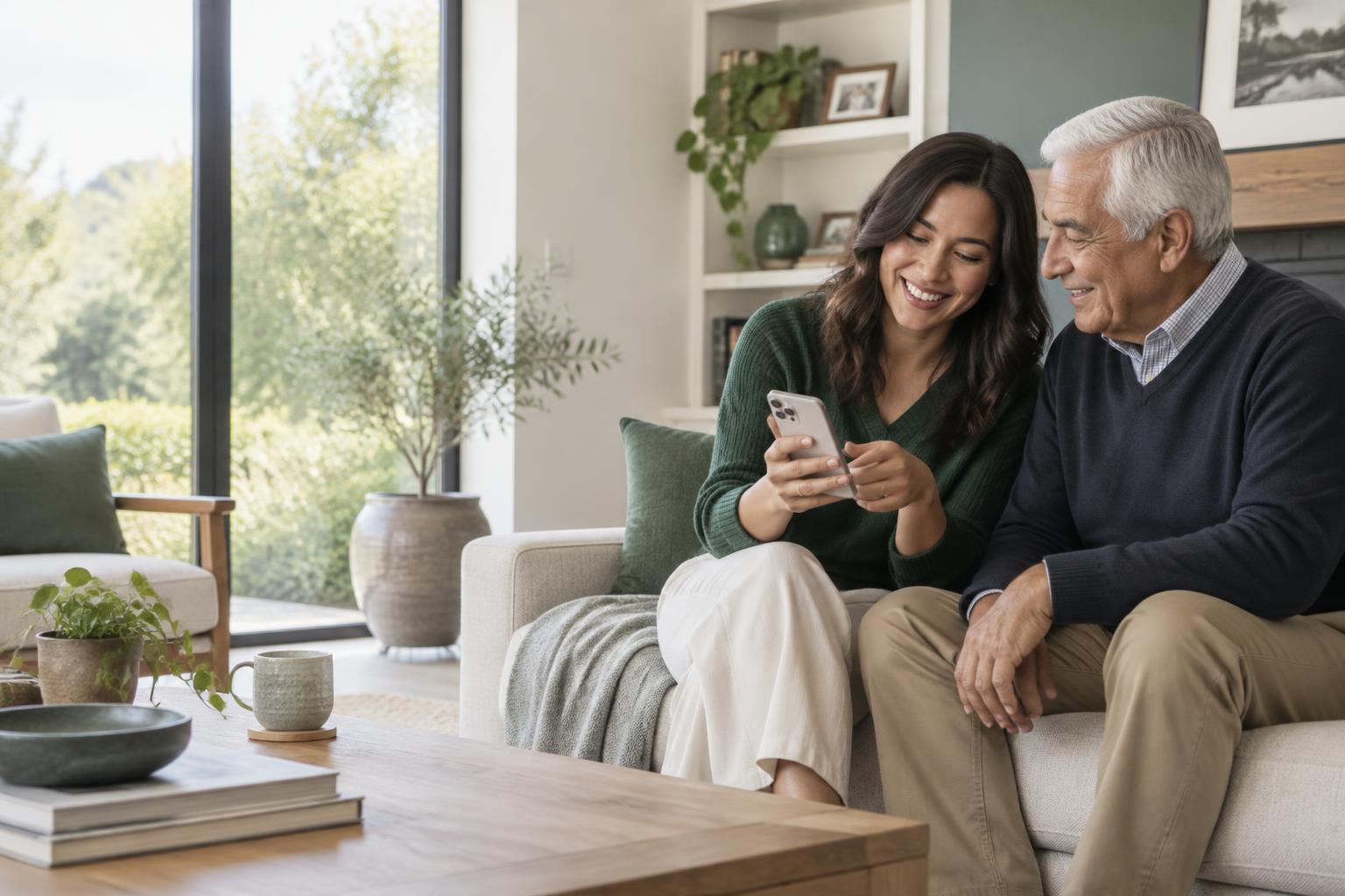 A family sharing memories together on a mobile phone